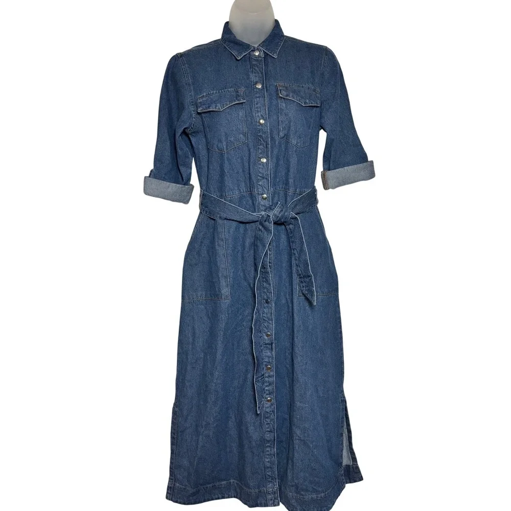Friends Like These Denim Belted Midi Shirtdress Medium Wash Sz 4 Utility Rodeo - Picture 2 of 9